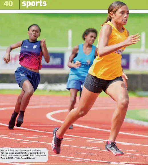  ?? Photo: Ronald Kumar ?? Marica Bola of Suva Grammar School wins her sub-junior girls 200m heat during the Suva Zone 2 competitio­n at the HFC Bank Stadium on April 2, 2024.