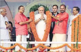  ?? K SASI/HT ?? Prime Minister Narendra Modi at a public meeting in Thrissur during his visit to Kerala on Monday.