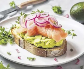  ?? ?? This version of avocado toast makes for a perfect appetizer for a spring inspired dinner party. 123RF