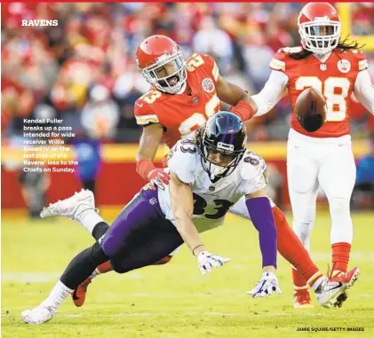  ?? JAMIE SQUIRE/GETTY IMAGES ?? Kendall Fuller breaks up a pass intended for wide receiver Willie Snead IV on the last play of the Ravens’ loss to the Chiefs on Sunday.