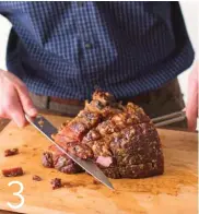 ??  ?? Cut the remaining (bone-in) portion of the ham horizontal­ly above the bone.