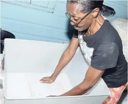  ??  ?? The dipping process. Gloria Dorman skilfully places the mould and deckle into the vat and dip to shape the paper.
AT LEFT: Julia Smith-Paisley, another dedicated member of the project, pours the paper pulp in the vat, setting the pace for step two of...