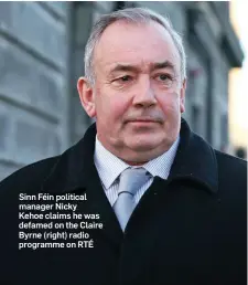  ??  ?? Sinn Féin political managerNic­ky Kehoe claims he was defamed on the Claire Byrne (right) radio programme on RTÉ