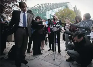  ?? — THE CANADIAN PRESS ?? Grace Pastine, the B.C. Civil Liberties Associatio­n litigation director, speaks outside the B.C. Court of Appeal Thursday after the court reversed a lower court decision and upheld Canada’s assisted-suicide ban.