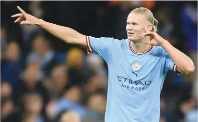  ?? Picture: Getty Images ?? TOO EASY. Manchester City’s Erling Haaland celebrates after scoring a goal during their Champions League Group G match against FC Copenhagen at the Etihad on Wednesday night.