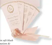  ?? ?? “Caroline & Adam” invitation suite in soft blush pink inspired by Ladurée, the French maison de macarons, featuring thick stock and an intricate border design by East Six; eastsix.com