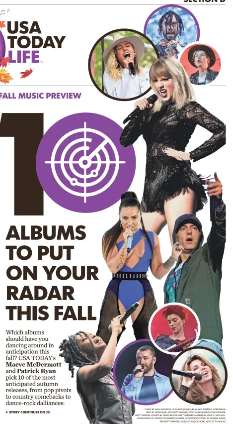  ??  ?? CYRUS BY EVAN AGOSTINI, INVISION/AP; MIGUEL BY XAVI TORRENT, WIREIMAGE; BECK BY ADAM IHSE, AFP/GETTY IMAGES; SWIFT AND SMITH BY KEVIN WINTER, GETTY IMAGES; LOVATO BY DAVID BECKER, GETTY IMAGES; EMINEM BY STEVE C. MITCHELL, INVISION/AP; ST. VINCENT BY...