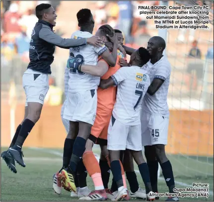  ??  ?? FINAL-BOUND: Cape Town City FC players celebrate after knocking out Mamelodi Sundowns from the MTN8 at Lucas Moripe Stadium in Atteridgev­ille.