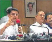  ?? HT PHOTO ?? State Congress president Sachin Pilot interacts with mediaperso­ns at the party office in Jaipur on Friday.