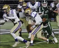  ?? STAN HUDY/THE SARATOGIAN ?? The CBA offense sputtered throughout the night versus Shen as quarterbac­k Tyler Fort is unable to gain any ground versus teh Shen defense, tackled by Jaysiah Woodrow (48).