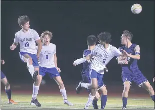  ?? PETE BANNAN — MEDIANEWS GROUP ?? Great Valley’s Karl Brandt (13), left, scores the game’s only goal in the first half.