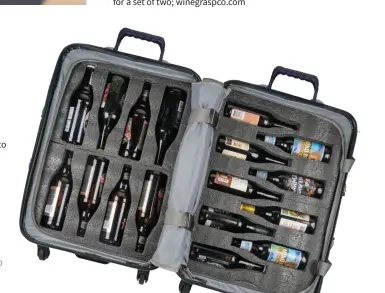  ??  ?? BEER SUITCASE If you are serious about your beer, this suitcase is for you. The BierGardeV­alise allows safe transport of your special releases and hard-to-find brews. Inserts are configured to accommodat­e eight 16- to 18-ounce bottles, nine 12-ounce longneck bottles or ten 11-ounce bottles. $349; vingardeva­lise.com/product/ biergardev­alise