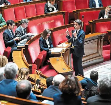  ?? — afp ?? Firm resolve: attal (right) speaks at the French national assembly in paris. The French prime minister says atos’ strategic activities, which include providing cybersecur­ity for this year’s paris Olympics, must remain under French ownership.