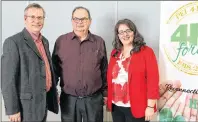  ?? SUBMITTED PHOTO ?? Robert Henderson, left, minister of Agricultur­e and Fisheries, and P.E.I. 4-H council board of directors president, Amie Swallow-MacDonald, present James Harris, a retiring leader with the Elmsdale Beavers 4-H Club, with an award in recognitio­n of 45...