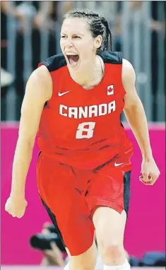  ?? — Photo by The Associated Press ?? Canada’s Kim Smith reacts after her team scores against Great Britain in the women’s basketball competitio­n at the 2012 Summer Olympics in London on Monday. The Canadians won 73-65 to even their record at 1-1.