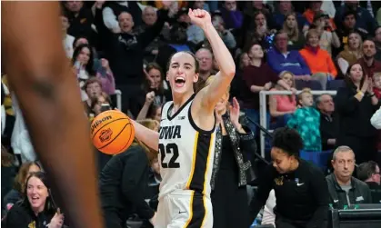  ?? ?? Caitlin Clark celebrates after defeating LSU in the NCAA Tournament Elite Eight. Photograph: Gregory Fisher/USA Today Sports
