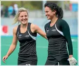  ?? PHOTOSPORT ?? Gemma McCaw and Kayla Whitelock celebrate a Black Sticks win over Australia at the 2011 Oceania Cup. Both have been included in the Black Sticks squad for 2020.