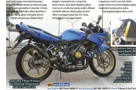  ??  ?? Pelek pakai V-rossi di depan dan belakang. Pengereman wajib di- upgrade tuh! Radiator lebih gambot, comot Suzuki GSX 750 demi pendingina­n maksimal
Knalpot custom full system dengan silencer di kanan dan kiri. Suaranya garing!