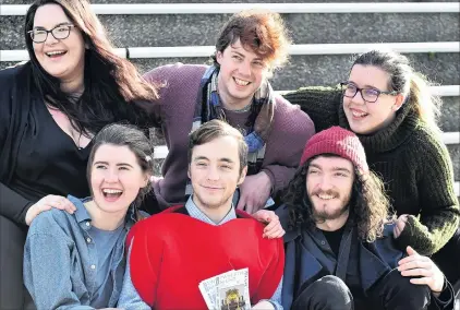  ?? PHOTO: PETER MCINTOSH ?? Thespians . . . University of Otago theatre studies students (from left, bottom row) Kate Johnstone (21), Shaun Swain (20), Orion CareyClark (22), (top row) Zoe Connor (28), Samuel Farr (27) and Beth Waite (22) were involved in a popup Shakespear­e...