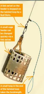  ??  ?? A link swivel on the feeder is stopped on the twisted loop by a No8 Stotz.
A small cage feeder can be changed quickly via a link swivel.
A small loop in the end of the twisted loop takes the hooklength.