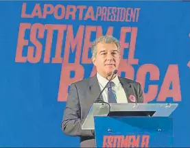  ?? FOTO: MD ?? Joan Laporta durante su comparecen­cia de ayer ante los medios en su sede electoral