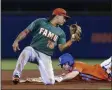  ?? GARY MCCULLOUGH - THE ASSOCIATED PRESS ?? FILE - In this March 4, 2020, file photo, Florida’s Brock Edge, right, steals second base, beating the tag by Florida A&M infielder Octavien Moyer (15), during the eighth inning of an NCAA college baseball game in Gainesvill­e, Fla.