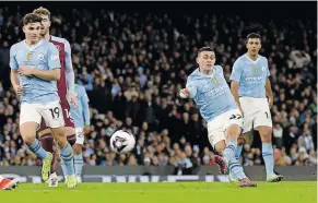  ?? | Reuters ?? PHIL Foden fires in his hat-trick goal for Manchester City against Aston Villa on Wednesday night.