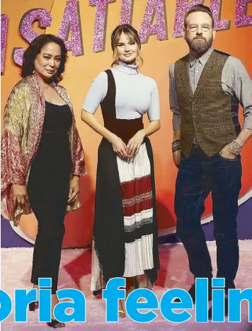  ??  ?? Right: Gloria Diaz with Debby Ryan and Dallas Roberts during the junket in Manila last Tuesday for the Netflix Original series Insatiable in which Gloria plays an adviser to Debby’s character who turns the table on her bashers and body‘shamers’ by joining a beauty contest, with Dallas as a disgraced lawyer who roots for Debby’s character right on. Far right: The trio at the Manila House where Gloria’s daughter Isabelle ‘Belle’ Daza-Semblat hosted a bienvenida for the visiting actors, Debby in Patty Ang dress and Dallas in a Randy Ortiz charcoal-gray barong. — Photo by Walter Bollozos