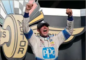  ?? Mike dinovo ?? Xfinity Series driver Austin Cindric (22) reacts after winning the Pennzoil 150 at Indianapol­is Motor Speedway.