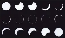  ??  ?? This combinatio­n of photos shows an annular solar eclipse as seen near Sarmiento, Chubut, Argentina, on Sunday. Stargazers applauded as they were plunged into darkness when the moon passed in front of the sun in a “ring of fire” eclipse. ALEJANDRO...