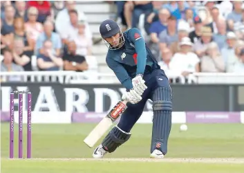  ?? — Reuters ?? England’s Alex Hales hits a six to take his team total past 444 runs against Australia in the third ODI at Trent Bridge.