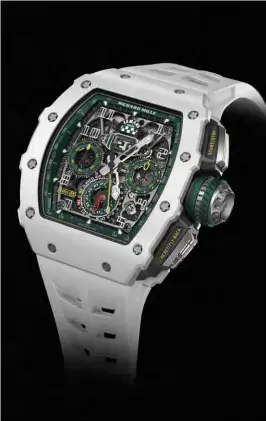  ??  ?? PEDIGREE TIME The case of the Richard Mille RM 11-03 Le Mans Classic is made of ATZ white ceramic, an oxide alloy that boasts immense strength, while its calibre RMAC3 movement is crafted from grade 5 titanium with different finishings on the various components