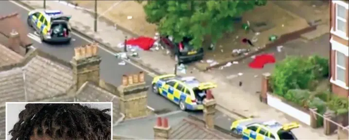  ??  ?? Carnage: Three police cars attend the scene with the crashed black Ford Focus surrounded by debris under the tree