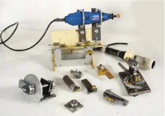  ??  ?? Above: A selection of tools that David has made to machine clock partsRight: A gear-tooth cutting tool ready for workBelow: Details of skeleton clocks give an idea of the patience required to build one