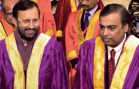  ??  ?? IN GOOD COMPANY Javadekar with Reliance CMD Mukesh Ambani