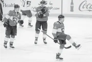  ?? SAM NAVARRO USA TODAY Sports ?? Panthers center Carter Verhaeghe, right, kicks up his skate after scoring in the third period Saturday in a 4-2 victory over the Vegas Golden Knights in Sunrise. Before that win, the Panthers had lost four of five games.