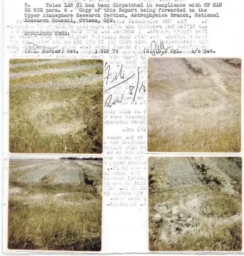  ?? MICHAEL BELL ?? Ron Morier’s RCMP report concerning Edwin Fuhr’s UFO sighting near Langenburg in 1974. Morier also took photos of circles at the site.
The third page of the Regina Leader-Post on Sept. 10, 1974, featured Fuhr’s drawings of the objects he saw in his...