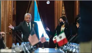  ?? (AP/Jacquelyn Martin) ?? Vice President Kamala Harris and Mexican President Andres Manuel Lopez Obrador arrive for a meeting Tuesday at the National Palace in Mexico City.