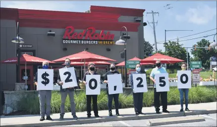  ?? SUBMITTED PHOTO ?? The Lehigh Valley Restaurant Group, which owns 21 Red Robin Restaurant­s across the region including locations in Berks, Chester and Montgomery counties has donated more than $20,000 to the Pennsylvan­ia Restaurant and Lodging Associatio­n. The donation was presented at the restaurant group’s Uwchlan Red Robin. In this photo from left to right are: Ghassan Moussa, Lehigh Valley Restaurant Group regional operations director; Bill Covaleski, Victory Brewing Company founder and brewmaster, and Pennsylvan­ia Restaurant and Lodging chairman; Megan Hales, manager of the Red Robin, Uwchlan; Emily Murray, Red Robin, Uwchlan team member; Mike Axiotis, Lehigh Valley Restaurant Group CEO and president; Mike Wermuth, general manager, Red Robin Uwchlan; Melissa Kauffman, Red Robin Uwchlan team member.