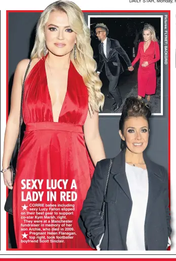  ??  ?? CORRIE babes including sexy Lucy Fallon slipped on their best gear to support co-star Kym Marsh, right.
They were at a Manchester fundraiser in memory of her son Archie, who died in 2009. Pregnant Helen Flanagan, top right, took footballer boyfriend...