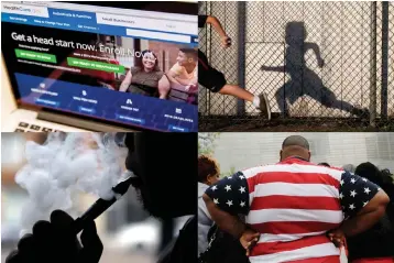  ??  ?? This combinatio­n of file photos shows the HealthCare.gov Website; students participat­e in an early morning running program at an elementary school; an electronic cigarette in Chicago; and an overweight man with a shirt patterned with the U.S. flag in...