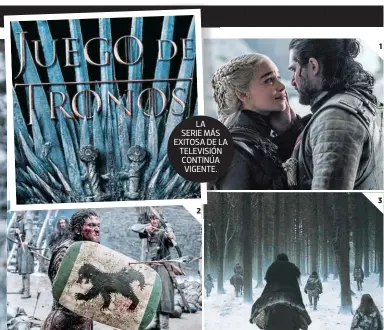  ?? ?? (1) En la octava temporada, justo en el episodio final, Jon Snow acabó con la vida de Daenerys Targaryen, la reina que juró proteger. (2) El bastardo de Ned Stark, quien en realidad era Aegon Targaryen, se caracteriz­ó por ser un excelente peleador. (3) En el desenlace de “Juego de tronos” se vio a Jon Snow exiliado una vez más en el Norte, más allá del muro.