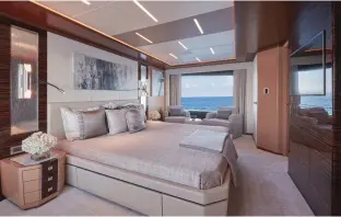  ??  ?? A full-beam master stateroom could double as a salon on another yacht.