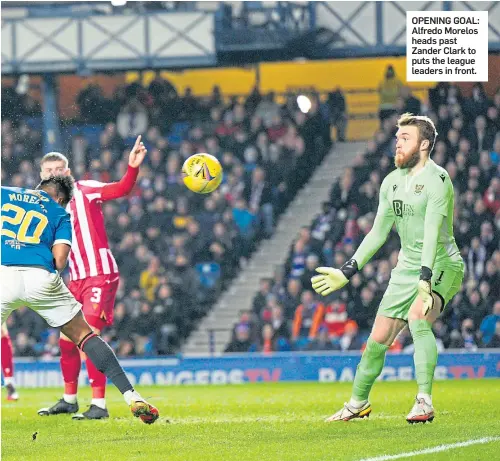  ?? ?? OPENING GOAL: Alfredo Morelos heads past Zander Clark to puts the league leaders in front.