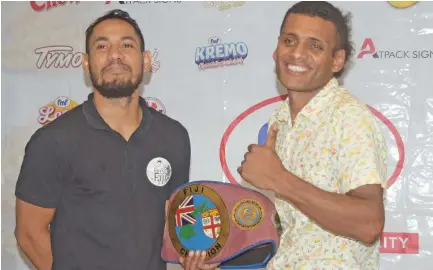  ?? Photo: Ronald Kumar ?? From left, challenger Winston Hill and Jese Ravudi who will defend the Fiji superwelte­rweight title in Suva next month.