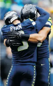  ?? OTTO GREULE JR/Getty Images ?? Jon Ryan of the Seattle Seahawks celebrates after throwing a touchdown pass on a faked field goal attempt during the
third quarter of the 2015 NFC Championsh­ip game.