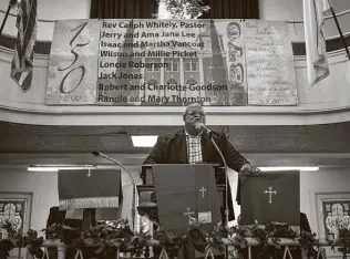  ?? Matthew Busch / Contributo­r ?? The Rev. Jerry William Dailey, pastor of Macedonia Missionary Baptist Church, gives the sermon as guest pastor during a service that was part of New Light Baptist Church’s 150th anniversar­y.