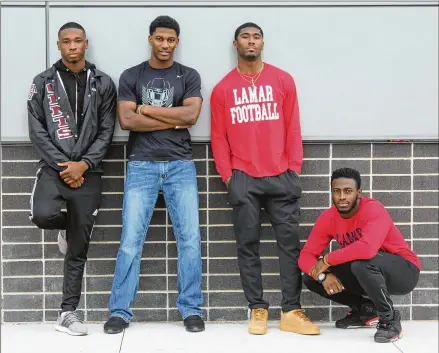  ?? MIKE CRAVEN / AMERICAN-STATESMAN ?? Houston-area recruits signing with the Longhorns include Houston Heights cornerback Jalen Green (from left), Angleton safety BJ Foster, Houston Lamar wide receiver Al’vonte Woodard and Houston Lamar cornerback D’Shawn Jamison.