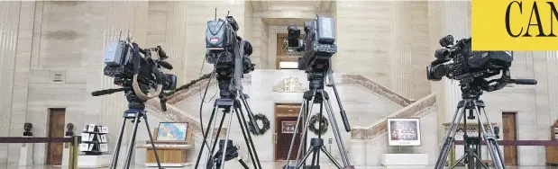  ?? FRED CHARTRAND/THE CANADIAN PRESS ?? Television cameras are lined up in the lobby of the Supreme Court of Canada Friday as the high court renders a unanimous decision that Ben Makuch, a Vice Media reporter, will have to hand over records of his conversati­ons with an alleged ISIL member to police.