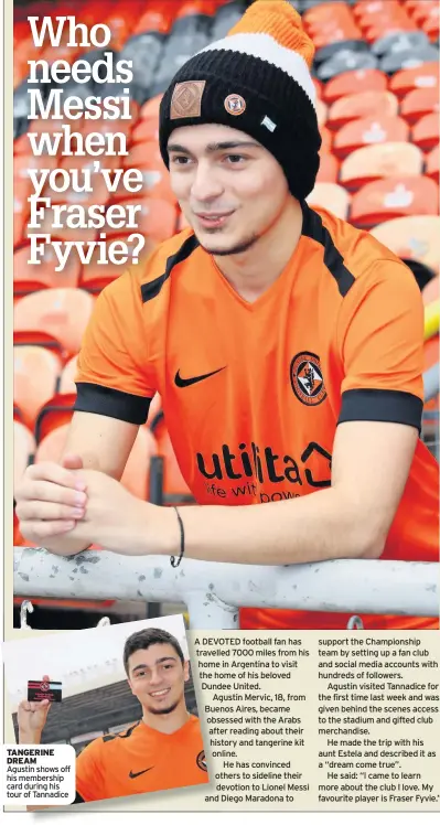  ??  ?? TANGERINE DREAM Agustin shows off his membership card during his tour of Tannadice